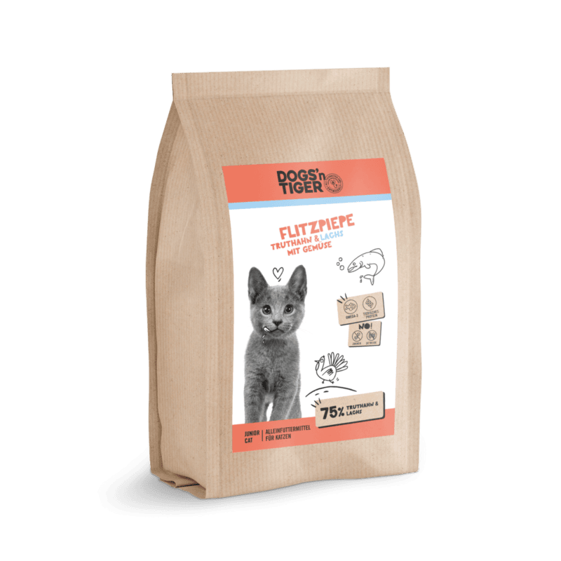 Dogs’n Tiger Junior Premium kattenvoer, Flitzpiepe, droogvoer voor kittens, graanvrij, zalm & kalkoen