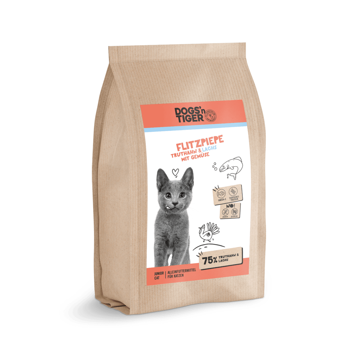 Dogs’n Tiger Junior Premium kattenvoer, Flitzpiepe, droogvoer voor kittens, graanvrij, zalm & kalkoen