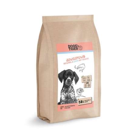 Dogs’n Tiger Junior Premium dog food, young puppies, dry puppy food, grain-free, salmon & turkey