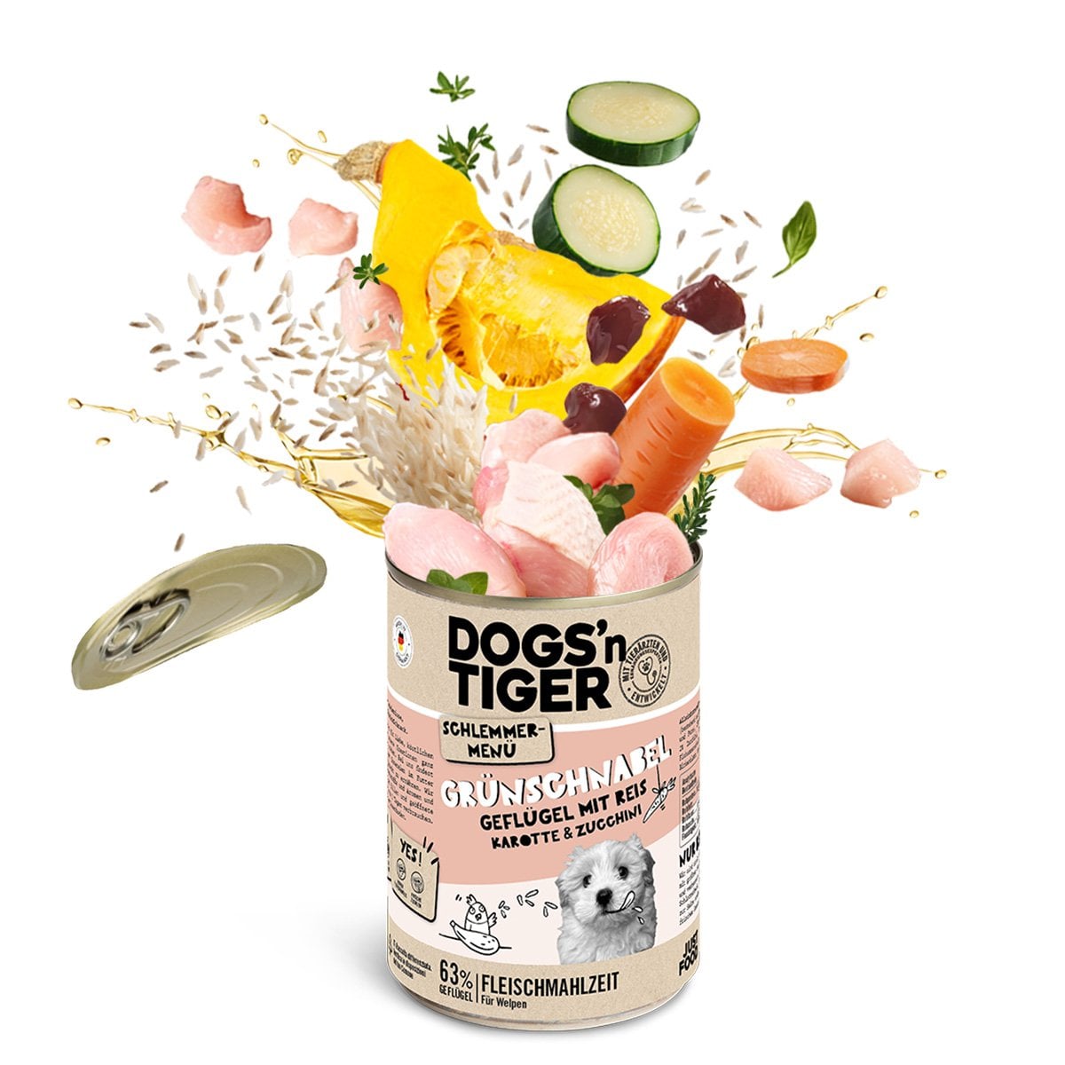 Dogs’n Tiger Junior, Hundefutter, Grünschnabel, Hunde Nassfutter, Welpen Futter, Geflügel, Getreidefrei, Naturreis, Karotte & Zucchini - Afbeelding 7