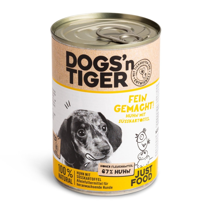 Dogs'n Tiger Junior, puppy premium hondenvoer, natvoer, graanvrij, fijngemaakt, kip & zoete aardappel
