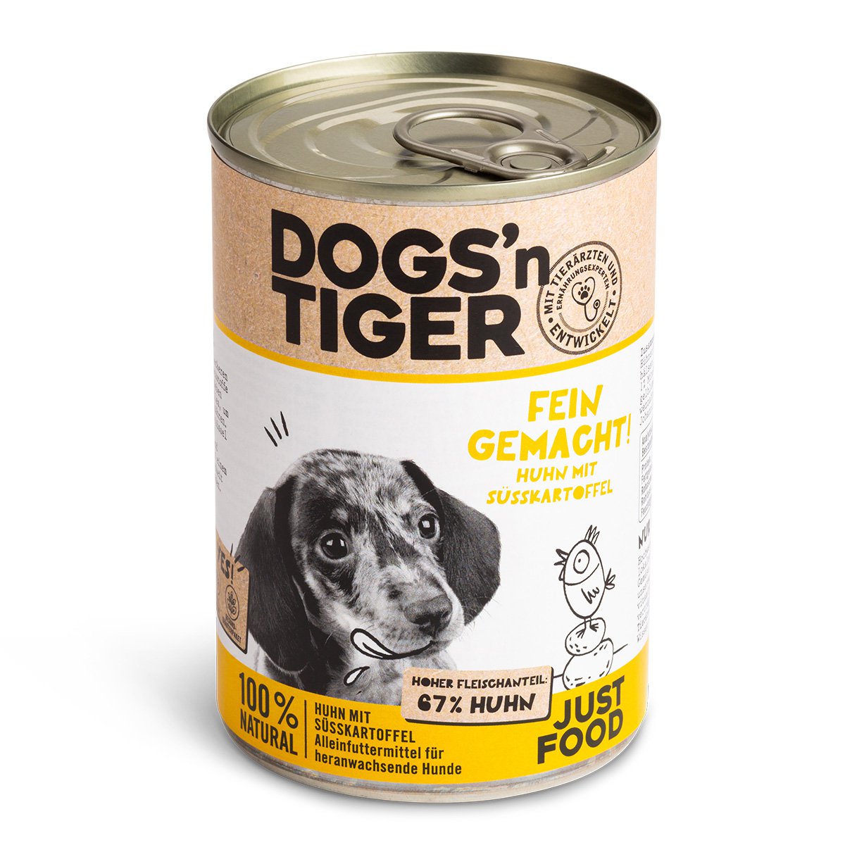 Dogs'n Tiger Junior, puppy premium hondenvoer, natvoer, graanvrij, fijngemaakt, kip & zoete aardappel
