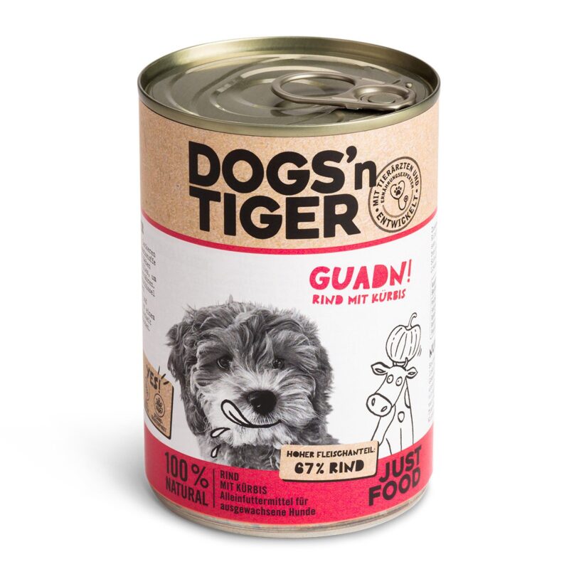 Dogs'n Tiger Adult Premium hondenvoer, natvoer, graanvrij, Guadn, rundvlees & pompoen