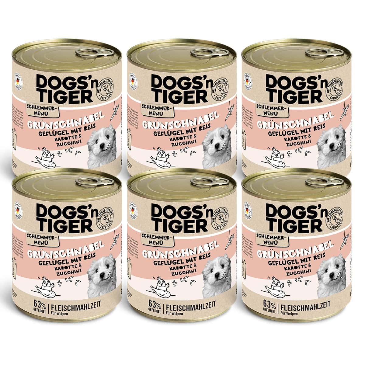 Dogs’n Tiger Junior, Hundefutter, Grünschnabel, Hunde Nassfutter, Welpen Futter, Geflügel, Getreidefrei, Naturreis, Karotte & Zucchini - Afbeelding 5