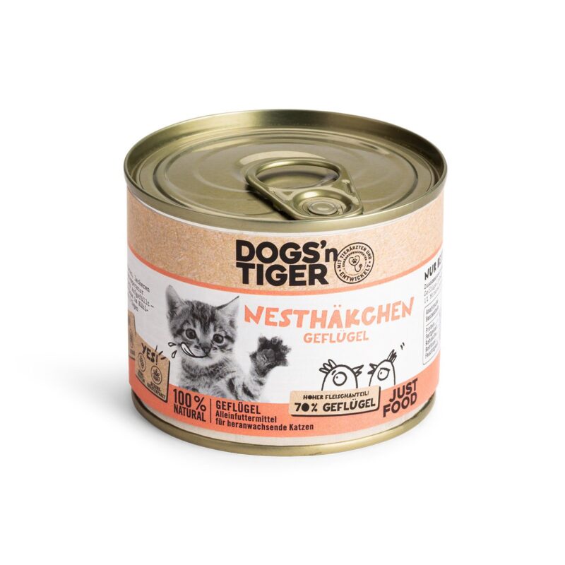Dogs'n Tiger Junior, Kitten Premium kattenvoer, natvoer, graanvrij, nestvogels, gevogelte, algenkalk & paardenbloem