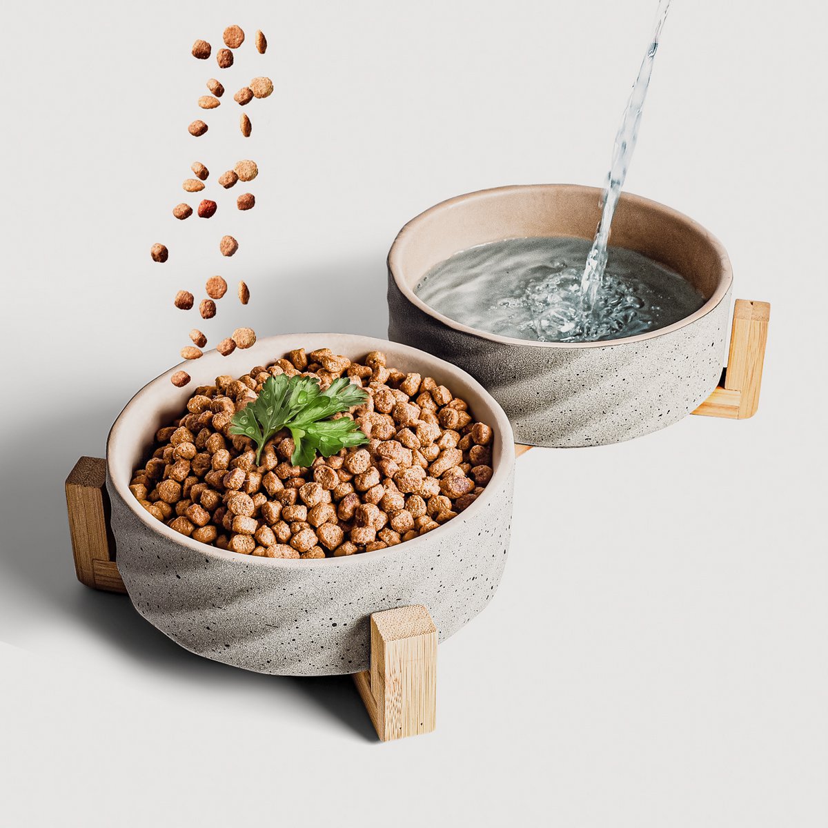 ne & no® ceramic double -food bowl with bamboo tap i 2er