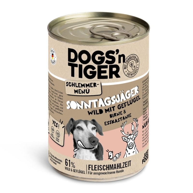 Hondenvoer in blik met honden- en hertensilhouetten, merk Dogs'n Tiger.