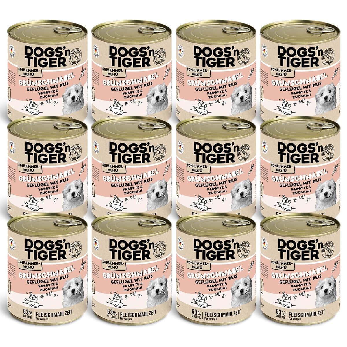 Dogs’n Tiger Junior, Hundefutter, Grünschnabel, Hunde Nassfutter, Welpen Futter, Geflügel, Getreidefrei, Naturreis, Karotte & Zucchini - Afbeelding 6