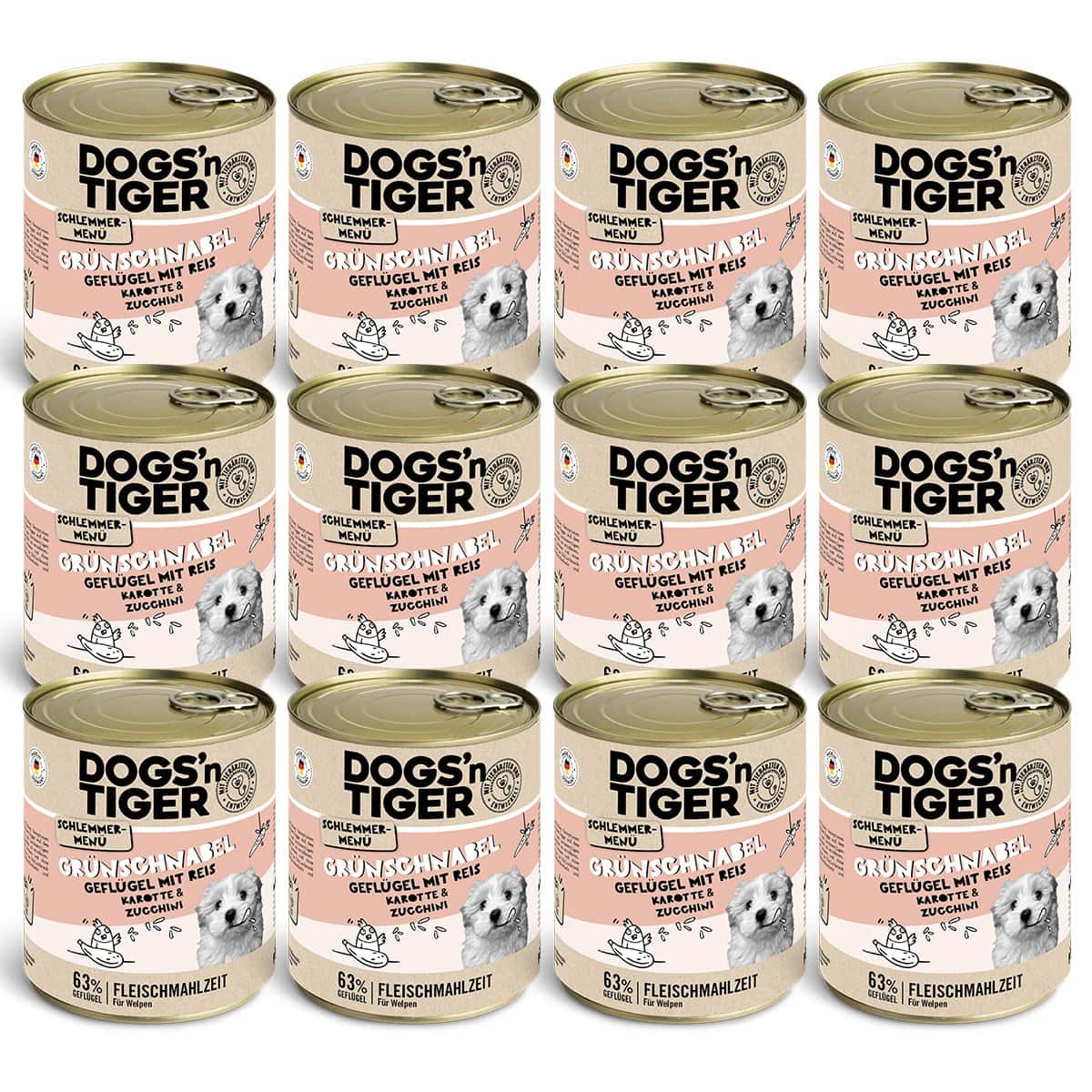 Dogs’n Tiger Junior, hondenvoer, groentje, nat hondenvoer, puppyvoer, gevogelte, graanvrij, bruine rijst, wortel & courgette - Afbeelding 6