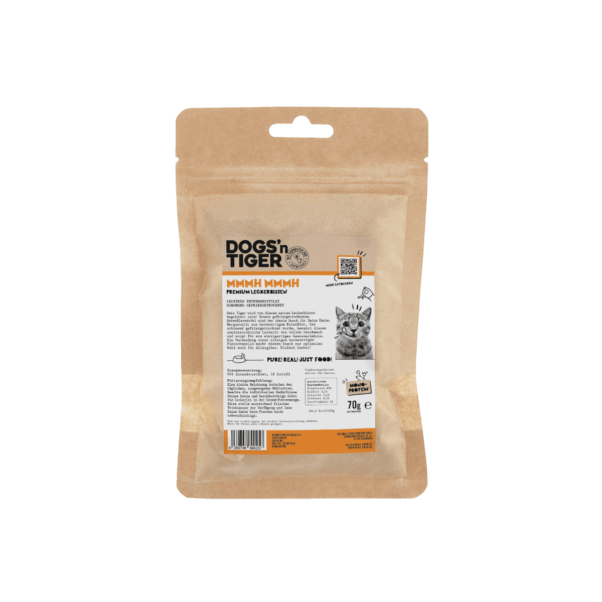 Dogs’n tijger volwassen katten snacks mmmh mmmh, traktaties, 99% vriezer -gedroogde eendenborstfilet - Afbeelding 2