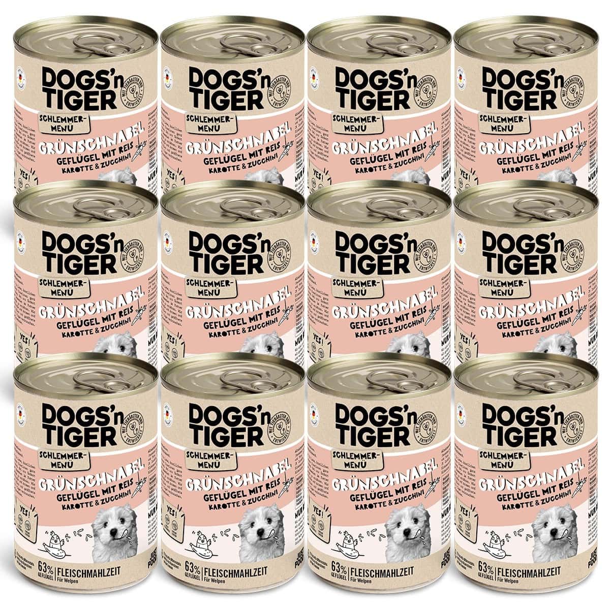 Dogs’n Tiger Junior, Hundefutter, Grünschnabel, Hunde Nassfutter, Welpen Futter, Geflügel, Getreidefrei, Naturreis, Karotte & Zucchini - Afbeelding 4