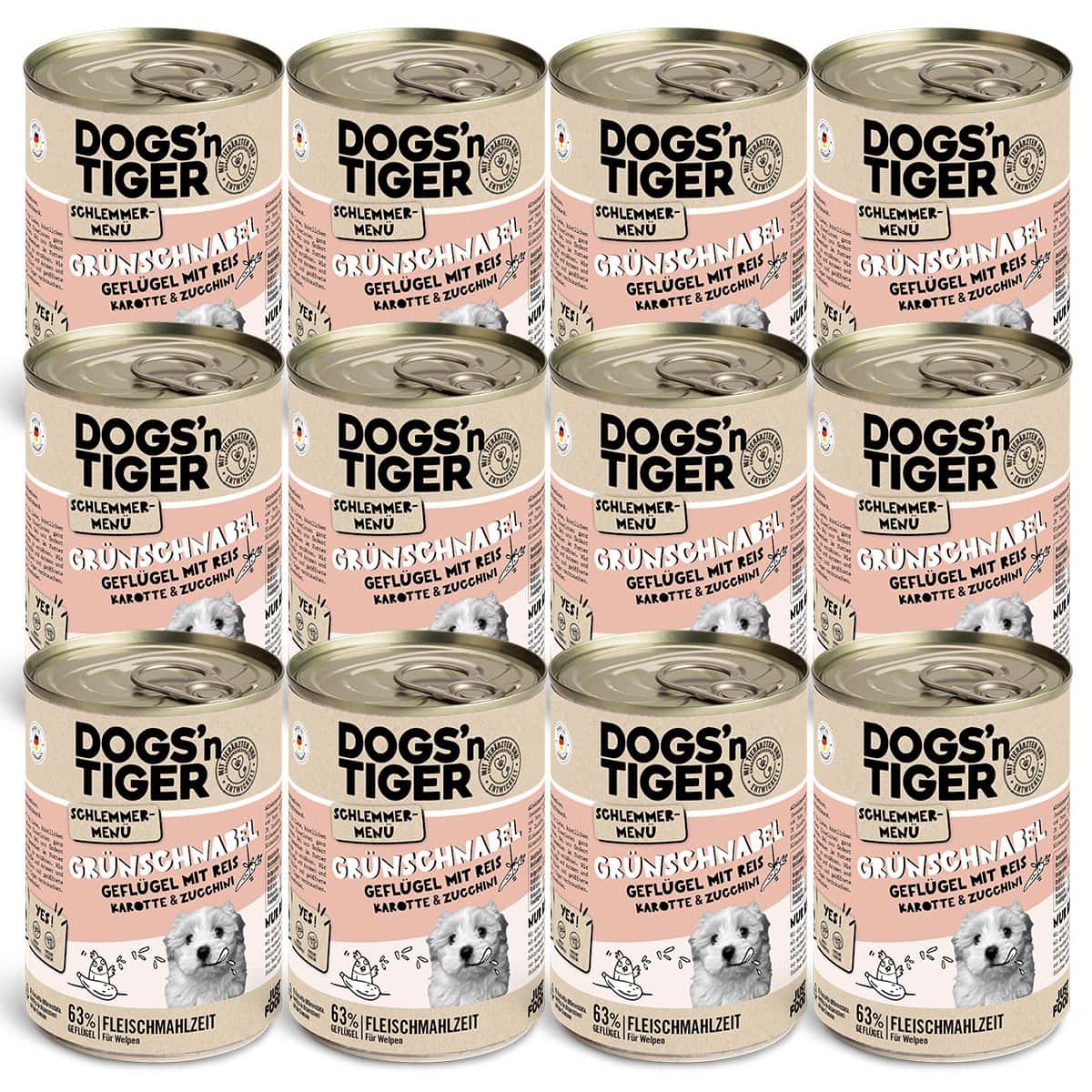 Dogs’n Tiger Junior, hondenvoer, groentje, nat hondenvoer, puppyvoer, gevogelte, graanvrij, bruine rijst, wortel & courgette - Afbeelding 4