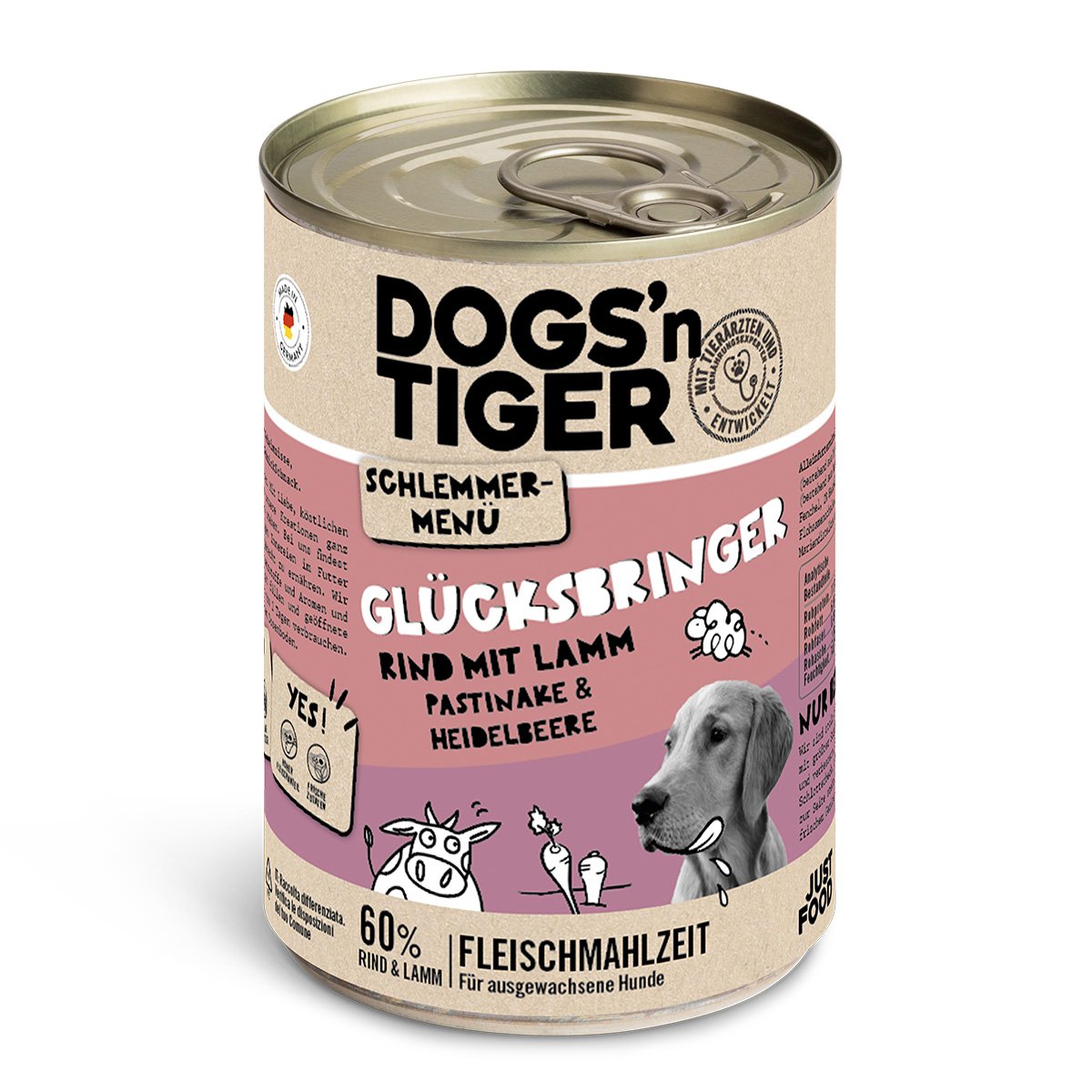 Dogs’n Tiger Adult hondenvoer, Lucky Charms, natvoer, graanvrij, rund, lam, pastinaak & bosbessen
