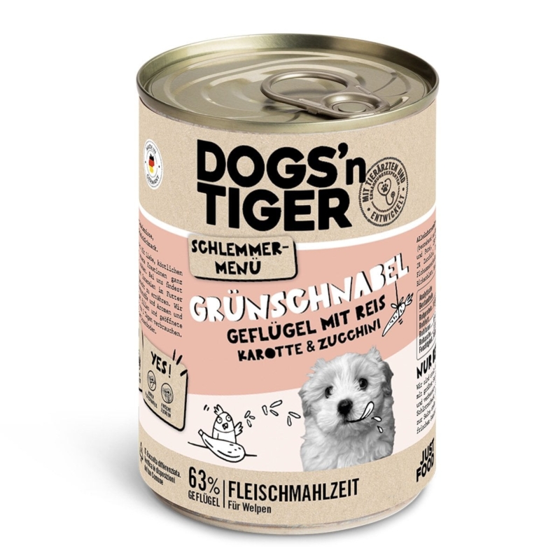 Dogs’n Tiger Junior, hondenvoer, groentje, nat hondenvoer, puppyvoer, gevogelte, graanvrij, bruine rijst, wortel & courgette
