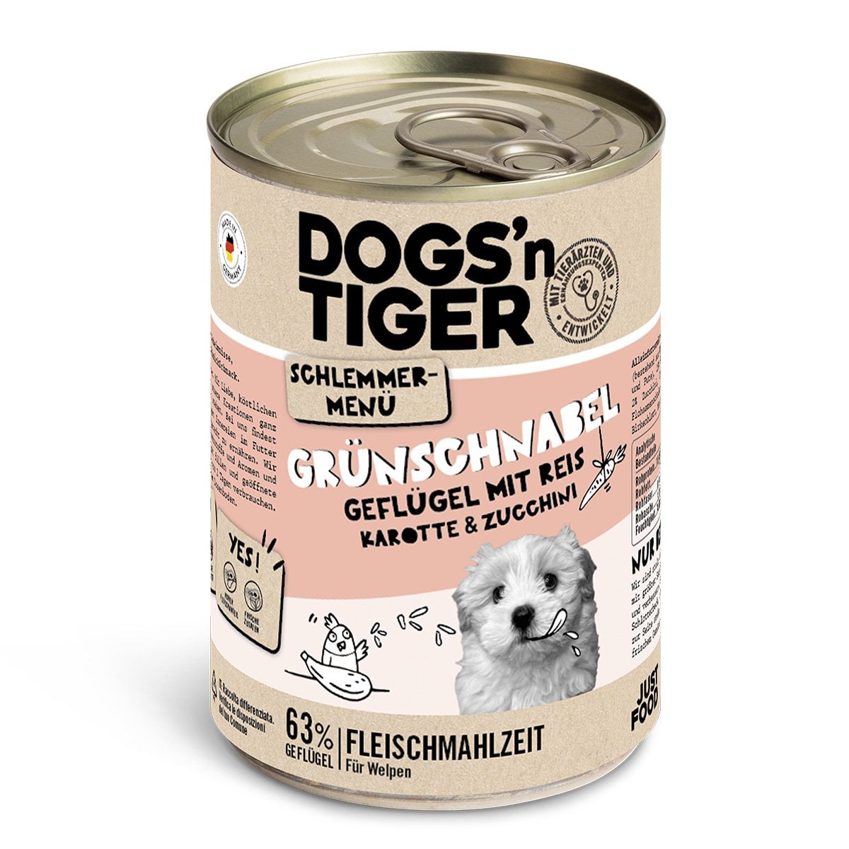 Dogs’n Tiger Junior, hondenvoer, groentje, nat hondenvoer, puppyvoer, gevogelte, graanvrij, bruine rijst, wortel & courgette