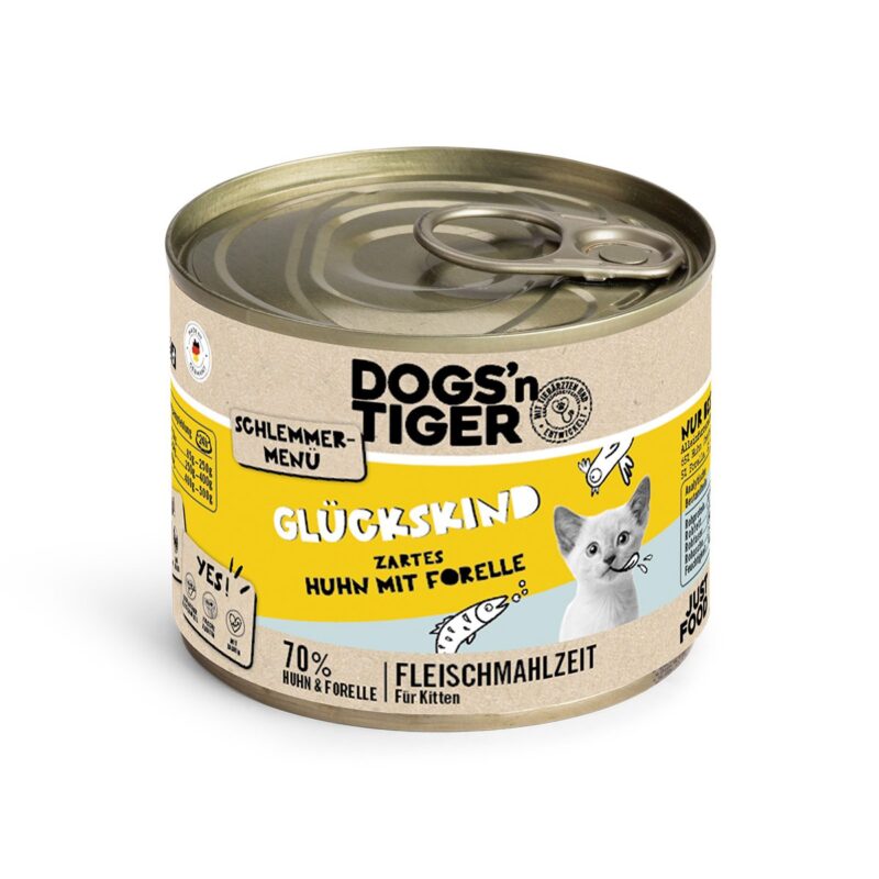 Dogs’n Tiger Junior, kittens, natvoer, kattenvoer, graanvrij, Glückskind, kip & forel