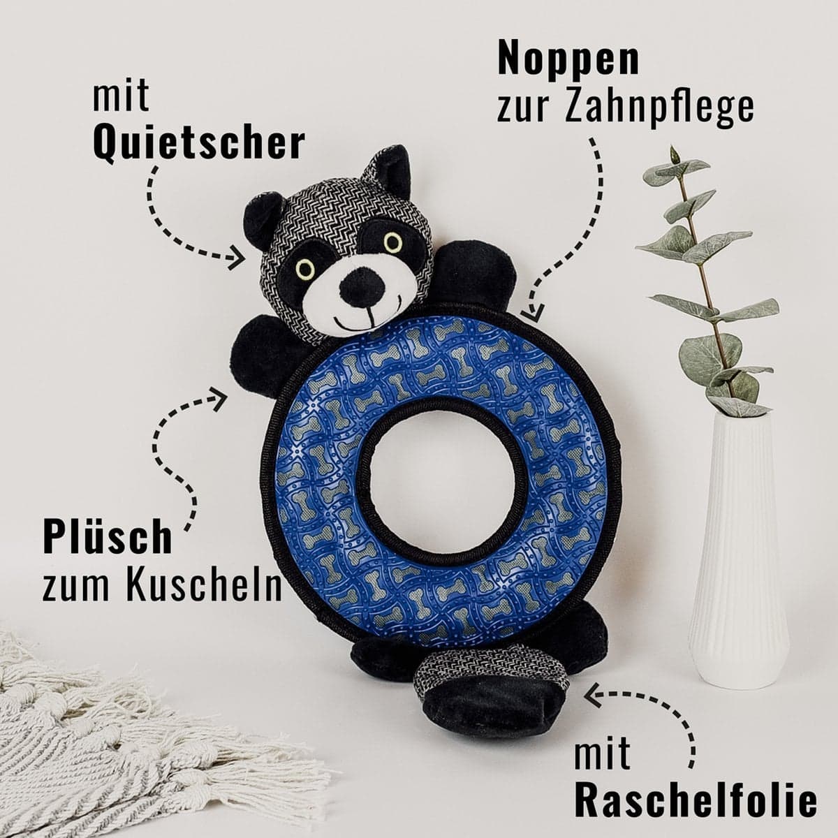 ne & no® dog toys raccoon / plush animal + cocketry + squeaker - Afbeelding 3
