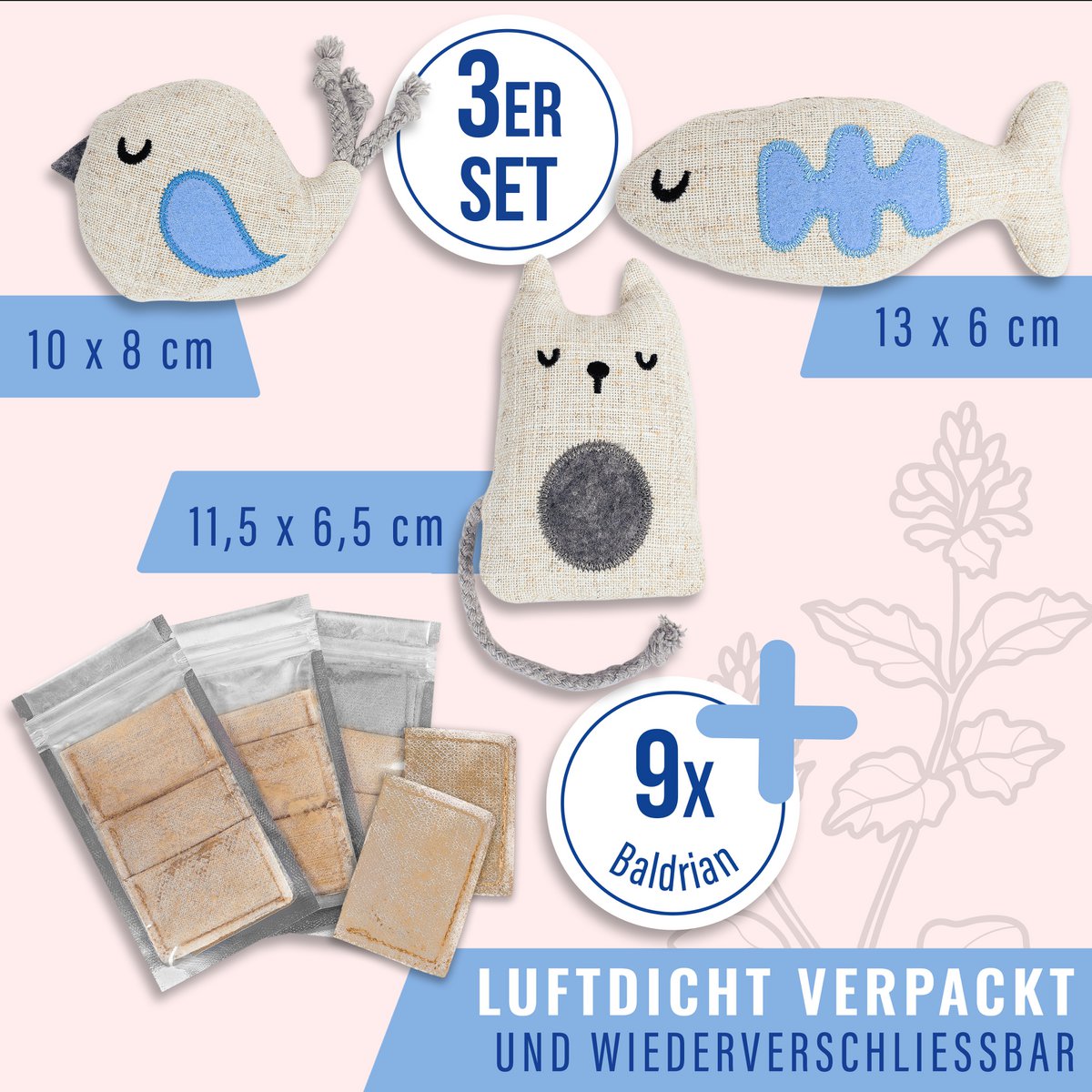 Ne & No® cat toys with valerian, 3 -series set play animals with 9 Baldian bag (1.5g each), refillable, can be reinstated - Afbeelding 3