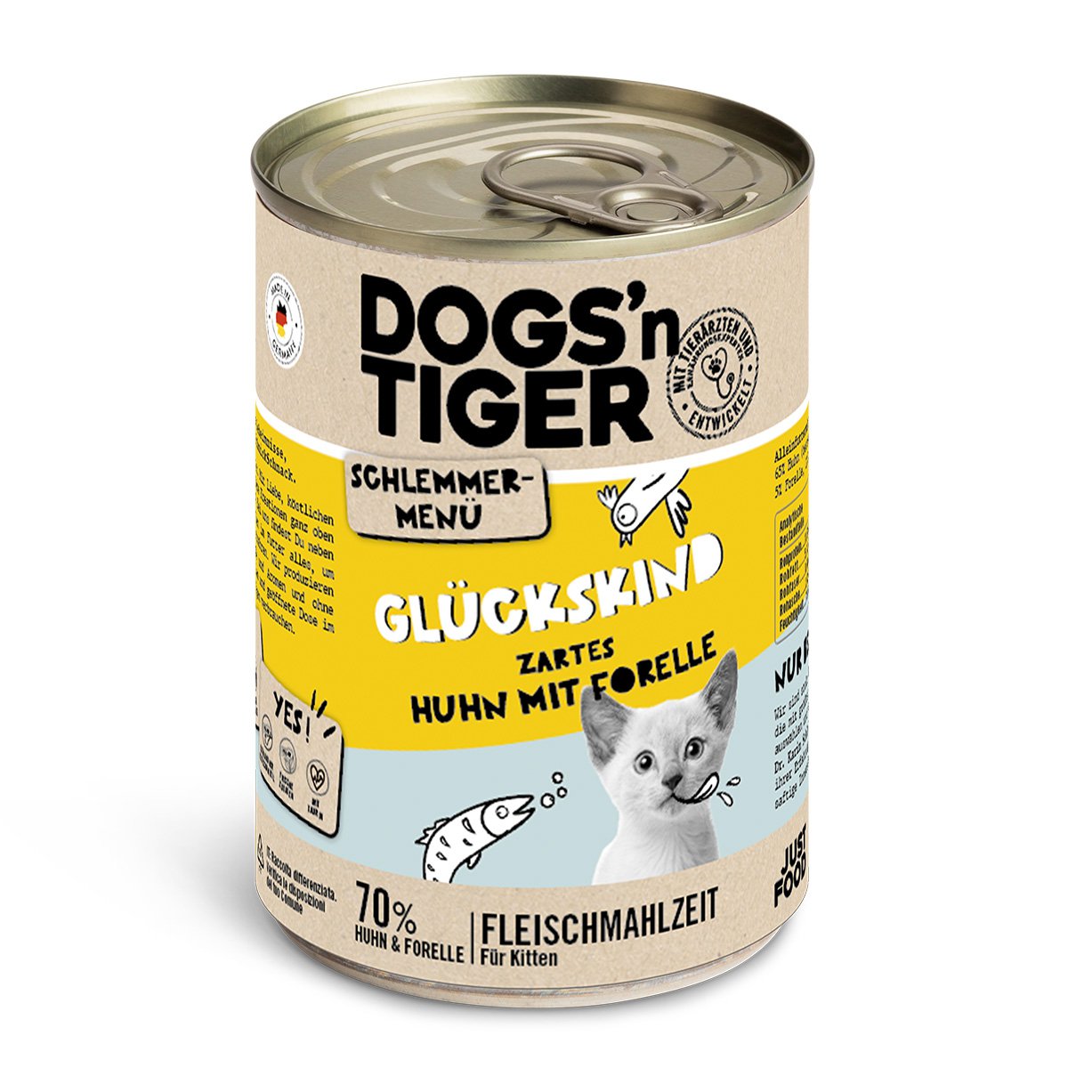 Dogs’n Tiger Junior, kittens, natvoer, kattenvoer, graanvrij, Glückskind, kip & forel - Afbeelding 2