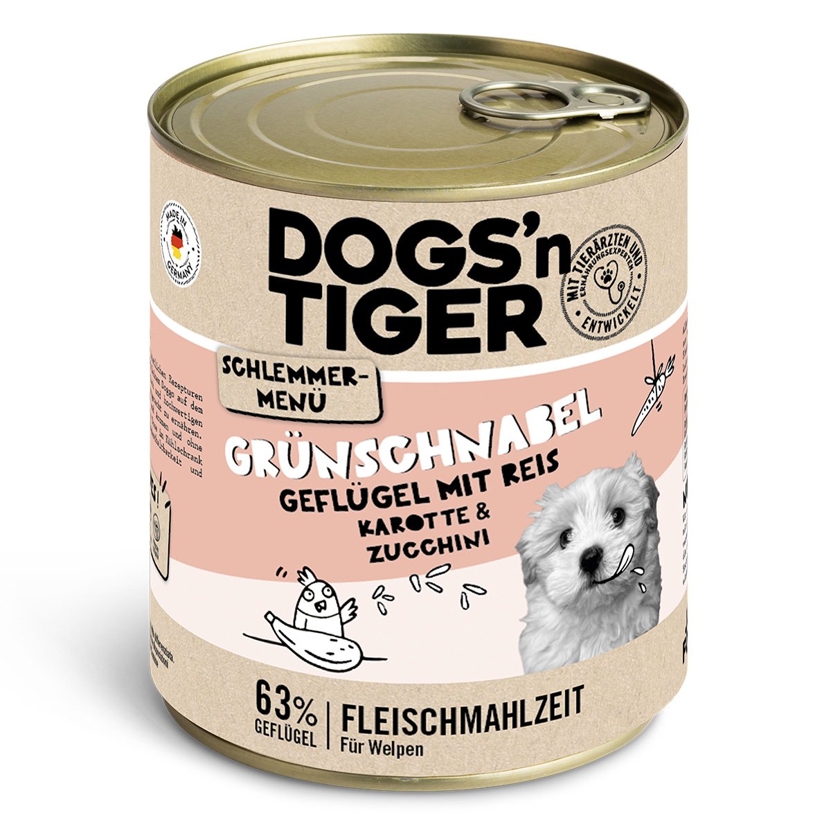 Dogs’n Tiger Junior, hondenvoer, groentje, nat hondenvoer, puppyvoer, gevogelte, graanvrij, bruine rijst, wortel & courgette - Afbeelding 2