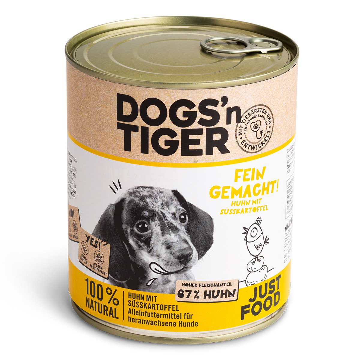 Dogs'n Tiger Junior, puppy premium hondenvoer, natvoer, graanvrij, fijngemaakt, kip & zoete aardappel - Afbeelding 2