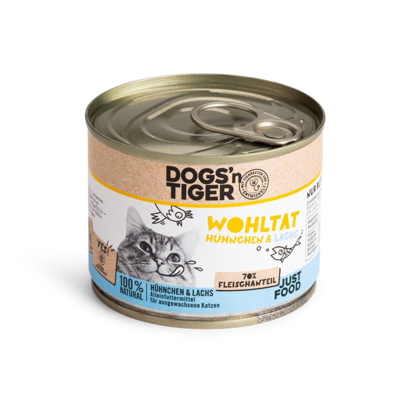 Dogs’n Tiger Adult Premium Kattenvoer, Wohltat, Natvoer, Graanvrij, Kip & Zalm