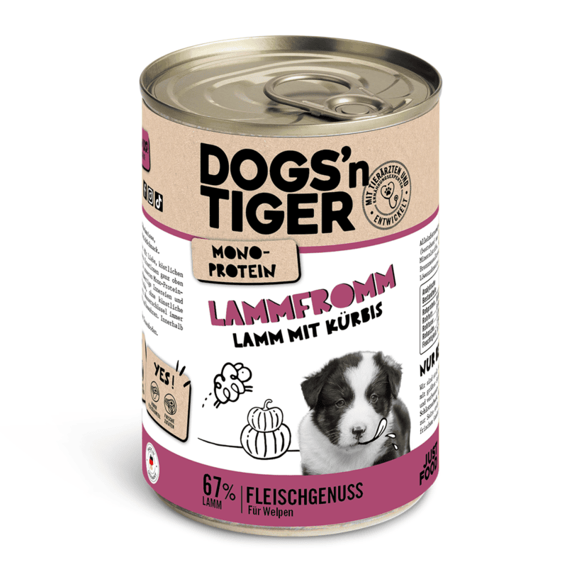 Dogs’n Tiger Junior, hondenvoer, lamsvlees, hondennatvoer, puppyvoer, monoproteïnen, lamsvlees & pompoen