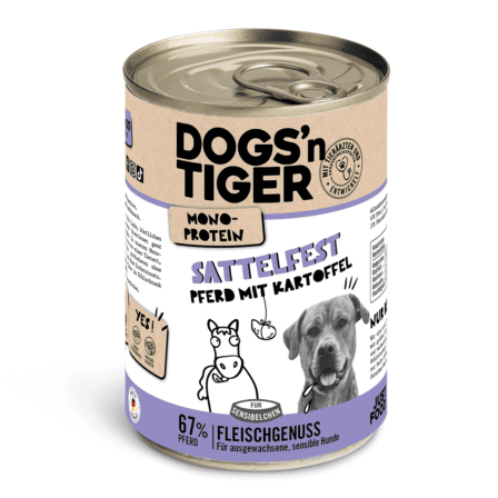 Dogs’n Tiger Adult hondenvoer, natvoer, zadelvast, graanvrij, hypoallergeen, monoproteïne, paard & aardappel