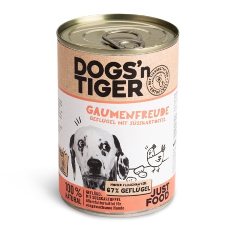 Dog's Tiger hondenvoer in blik met dalmatier afbeelding en natuurlijke ingrediënten.
