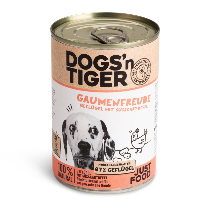 Dogs’n Tiger Adult Premium hondenvoer, natvoer, graanvrij, traktatie, gevogelte & zoete aardappel