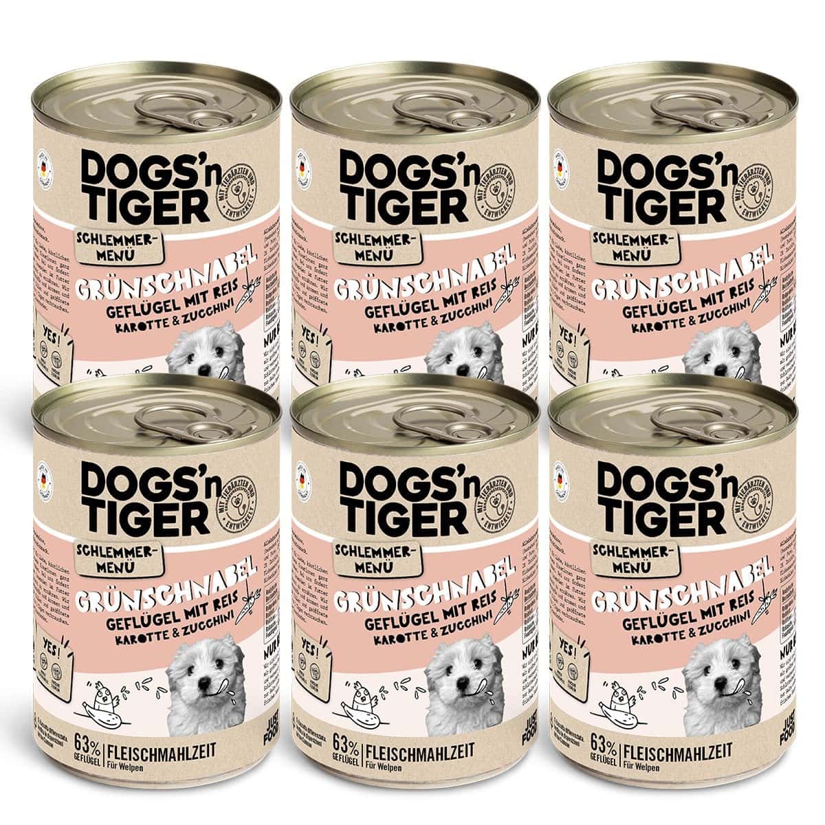 Dogs’n Tiger Junior, Hundefutter, Grünschnabel, Hunde Nassfutter, Welpen Futter, Geflügel, Getreidefrei, Naturreis, Karotte & Zucchini - Afbeelding 3