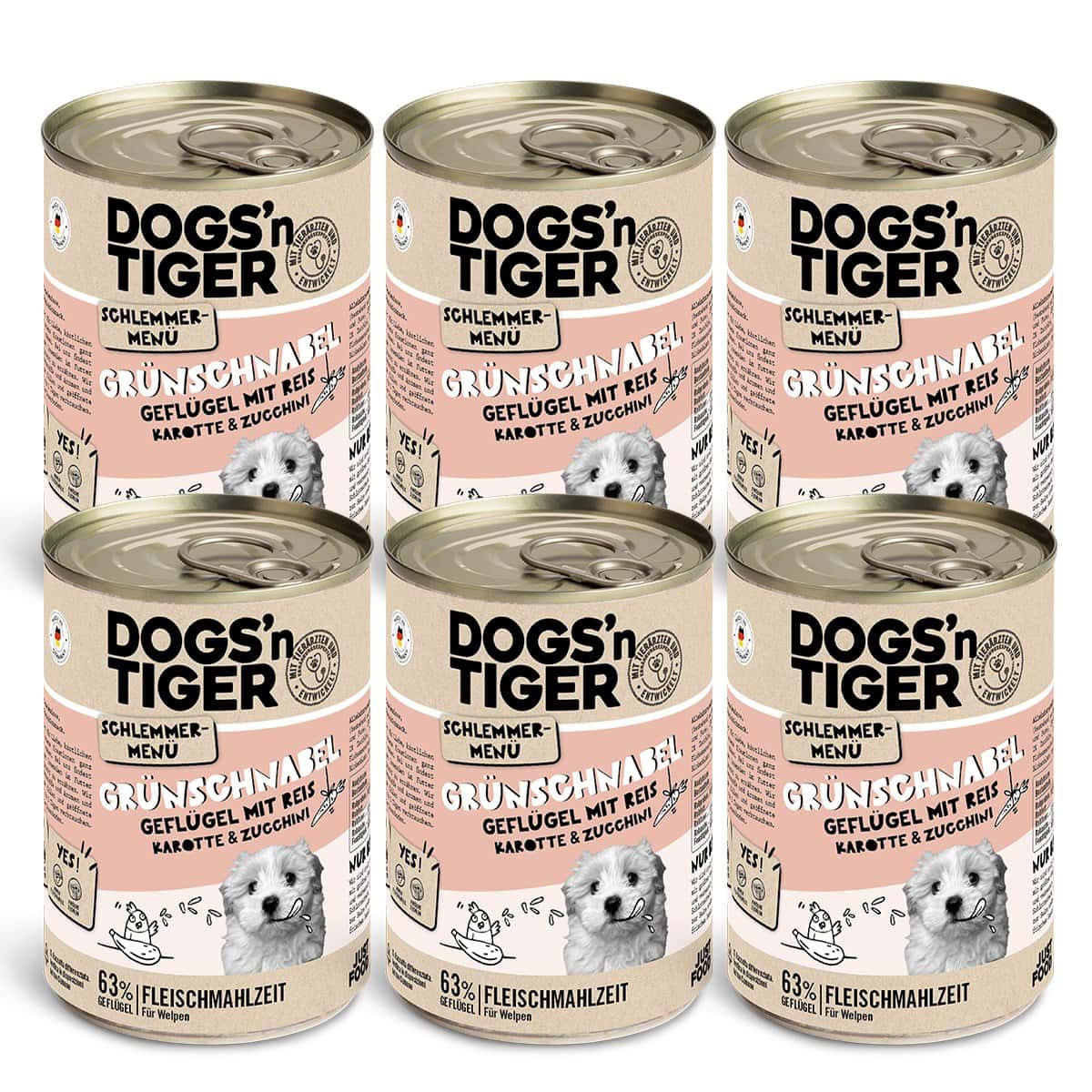 Dogs’n Tiger Junior, hondenvoer, groentje, nat hondenvoer, puppyvoer, gevogelte, graanvrij, bruine rijst, wortel & courgette - Afbeelding 3