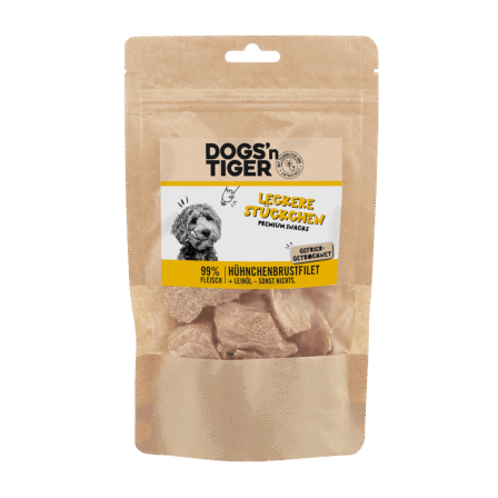 Honden snack met kipfilet in herbruikbare verpakking.