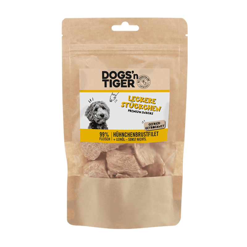 Dogs'n Tiger Adult, hondensnacks, heerlijke stukjes, lekkernijen, 99% gevriesdroogde kipfilet